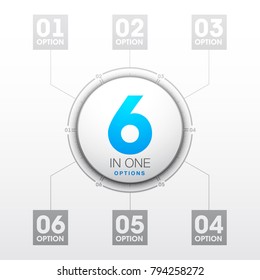 Design Vector Illustration Sign Numbers "six in one". Flat Button with Figures 6 in 1 icon and Tapes with Names Options. Vector Color banner with logo six and one numeral in the Circle Flat Button