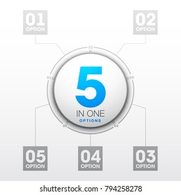 Design Vector Illustration Sign Numbers "five in one". Flat Button with Figures 5 in 1 icon and Tapes with Names Options. Vector Color banner with logo five and one numeral in the Circle Flat Button