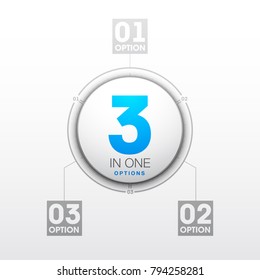 Design Vector Illustration Sign Numbers "three in one". Flat Button with Figures 3 in 1 icon and Tapes with Names Options. Vector Color banner with logo three and one numeral in the Circle Flat Button