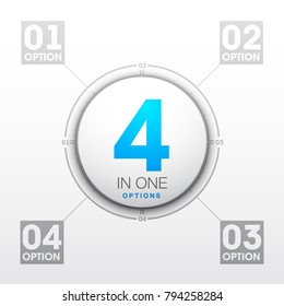Design Vector Illustration Sign Numbers "four in one". Flat Button with Figures 4 in 1 icon and Tapes with Names Options. Vector Color banner with logo four and one numeral in the Circle Flat Button