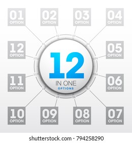 Design Vector Illustration Sign Numbers "twelve in one". Flat Button with Figures 12 in 1 icon and Tapes with Names Options. Vector Color banner with logo twelve and one numeral in the Circle Button