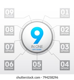 Design Vector Illustration Sign Numbers "nine in one". Flat Button with Figures 9 in 1 icon and Tapes with Names Options. Vector Color banner with logo nine and one numeral in the Circle Flat Button