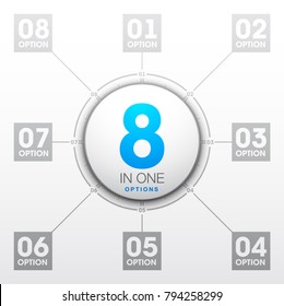 Design Vector Illustration Sign Numbers "eight in one". Flat Button with Figures 8 in 1 icon and Tapes with Names Options. Vector Color banner with logo eight and one numeral in the Circle Flat Button