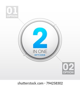 Design Vector Illustration Sign Numbers "two in one". Flat Button with Figures 2 in 1 icon and Tapes with Names of Options. Vector Color banner with logo two and one numeral in the Circle Flat Button.