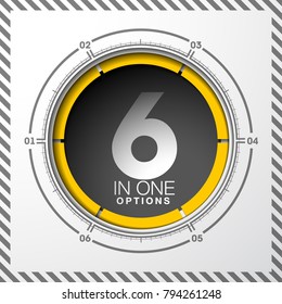 Design Vector Illustration Sign Numbers "six in one". Flat Button with Figures 6 in 1 icon and Tapes with Names Options. Vector Color banner with logo six and one numeral in the Circle Flat Button
