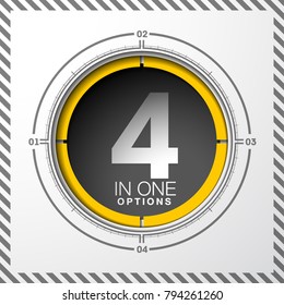 Design Vector Illustration Sign Numbers "four in one". Flat Button with Figures 4 in 1 icon and Tapes with Names Options. Vector Color banner with logo four and one numeral in the Circle Flat Button
