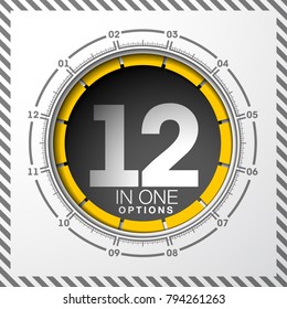Design Vector Illustration Sign Numbers "twelve in one". Button with Figures 12 in 1 icon and Tapes with Names Options. Vector Color banner with logo twelve and one numeral in the Circle Flat Button