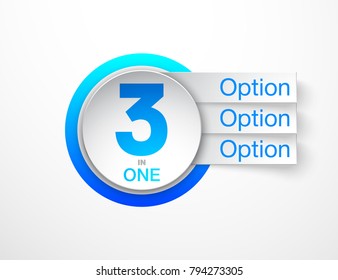 Design Vector Illustration Sign Numbers "three in one". Flat Button with Figures 3 in 1 icon and Tapes with Names of Options. Vector Color banner with logo three and one numeral in the Circle Button.