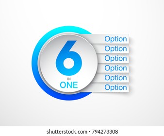 Design Vector Illustration Sign Numbers "six in one". Flat Button with Figures 6 in 1 icon and Tapes with Names Options. Vector Color banner with logo six and one numeral in the Circle Flat Button