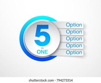Design Vector Illustration Sign Numbers "five in one". Flat Button with Figures 5 in 1 icon and Tapes with Names Options. Vector Color banner with logo five and one numeral in the Circle Flat Button