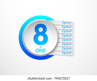 Design Vector Illustration Sign Numbers "eight in one". Flat Button with Figures 8 in 1 icon and Tapes with Names Options. Vector Color banner with logo eight and one numeral in the Circle Flat Button
