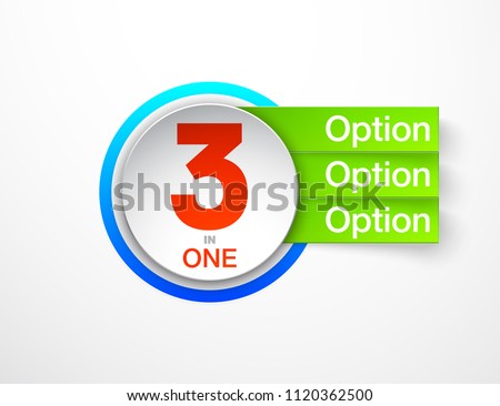 Design Vector Illustration Sign Numbers "three in one". Flat Button with Figures 3 in 1 icon and Tapes with Names Options. Vector Color banner with logo three and one numeral in the Circle Flat Button