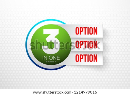 Design Vector Illustration Sign Numbers "three in one". Flat Button with Figures 3 in 1 icon and Tapes with Names Options. Vector Color banner with logo three and one numeral in the Circle Flat Button