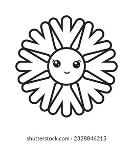 Design einer Vektorgrafik eines witterungskomischen Charakters Schneeflocken kawaii im Doodle-Stil, schwarze Umrisse.