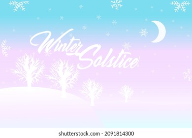 Design vector illustration Winter Solstice, bright blue sky rainbow background, line hills with piles of snow falling from the sky, good for postcard, greeting card and banner