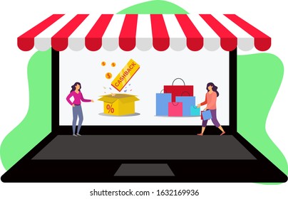 Design Vector Ilustration Online shop. Striped awning, laptop screen buy. Colored flat vector icon isolated on blue. Fashion design for web UI, mobile upp, banner, poster