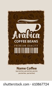 design vector label for coffee beans with cup and bar code in retro style on the background of beans