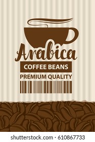 design vector label for coffee beans with cup and bar code in retro style on the striped background