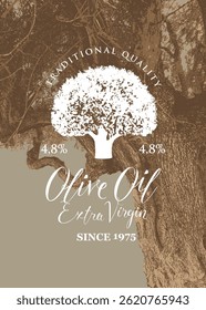 design vetor label para azeitonas ou azeite com oliveira velha em estilo retro. Adequado para projetar embalagem, adesivo, banner
