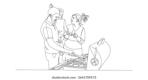 Design vector line art illustration of a family of mother father and daughter grilling meat, sausages and others, enjoying vacation, for summer bank holiday