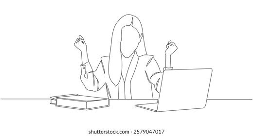 design vector line art office woman working in front of laptop and getting good news