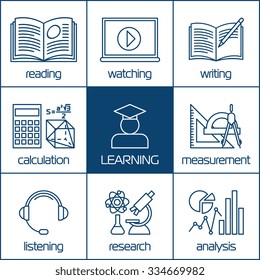 Design vector linear icons concepts of learning, distance education or online training courses