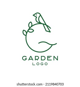 The design of a vector logo in the style of minimalism outline. Stylized letter with a bird and foliage. The concept of a beautiful logo for natural products and cosmetics.