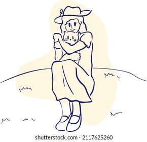 design vector one line art drawing illustration of animal cats and women