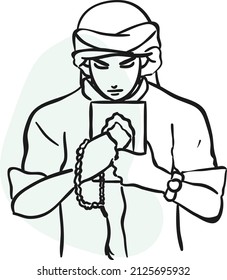 design vector one line art illustration reading the quran 