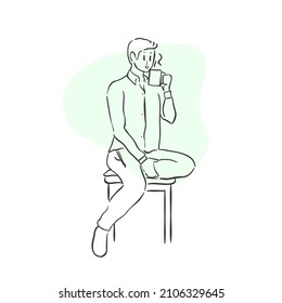 design vector oneline art drawing men with coffee morning