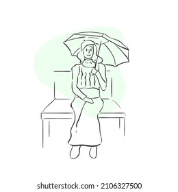 design vector oneline art women and men summer with umbrella