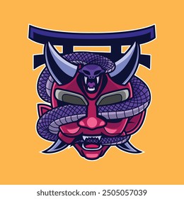 Design Vector Oni Mask with Snake for T-Shirt, Merch and gift