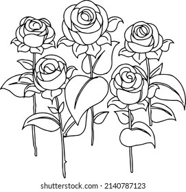 Esquema del vector de diseño Cinco rosas, diseño para la decoración, pintura, plantilla, página de color, libro de portada