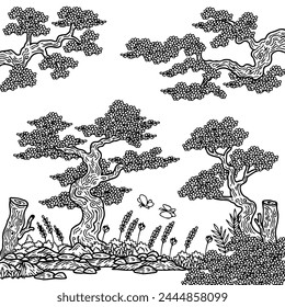 Design Vector Outline Landscape Tree Nature Coloring Page
