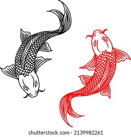 Design Vector Outline Two Koi Fish Black and Red Line