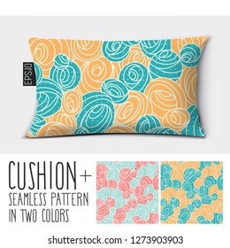 Design vector pillow (cushion). Pillow home decor and luxurious sleep.

Isolated long pillow with seamless pattern in the form of circles, balls, spirals, whirlpools and curls in two colors. 