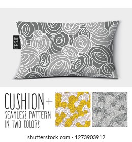 Design vector pillow (cushion). Pillow home decor and luxurious sleep.

Isolated long pillow with seamless pattern in the form of circles, balls, spirals, whirlpools and curls in two colors. 