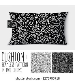 Design vector pillow (cushion). Pillow home decor and luxurious sleep.

Isolated long pillow with seamless pattern in the form of circles, balls, spirals, whirlpools and curls in two colors. 