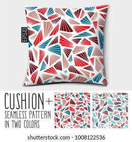 Design Vector Pillow (cushion).

Isolated Pillow With Seamless Pattern Broken Glass (triangles) In Two Colors.