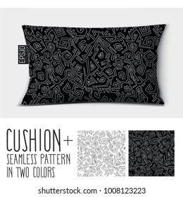 Design Vector Pillow (cushion).

Isolated Pillow With Seamless Pattern American Aztec, Maui, Mayan Culture In Two Colors.