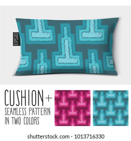 Design vector pillow (cushion).Isolated pillow with seamless pattern geometrical ornament in two colors. Embroidery threads.