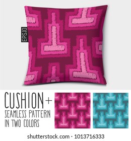 Design vector pillow (cushion).

Isolated pillow with seamless pattern geometrical ornament in two colors. Embroidery threads.