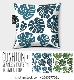 Design vector pillow, cushion
Isolated pillow with seamless pattern tropical leaves Monstera in two colors.