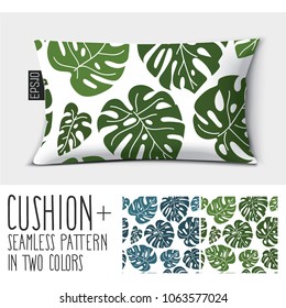 Design vector pillow, cushion
Isolated pillow with seamless pattern tropical leaves Monstera in two colors.