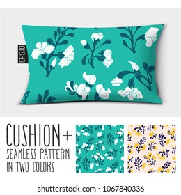 Design vector pillow (cushion).
Isolated pillow with seamless pattern Padauk Flower (Pterocarpus macrocarpus) in two colors.