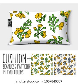 Design vector pillow (cushion).
Isolated pillow with seamless pattern Padauk Flower (Pterocarpus macrocarpus) in two colors.