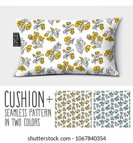 Design vector pillow (cushion).
Isolated pillow with seamless pattern Padauk Flower (Pterocarpus macrocarpus) in two colors.