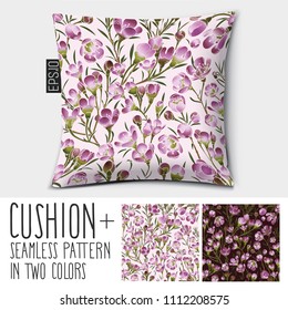 Design vector pillow (cushion).

Isolated pillow with seamless pattern Chamelaucium Uncinatum (waxflower) in two colors.