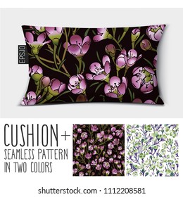 Design vector pillow (cushion).Isolated pillow with seamless pattern Chamelaucium Uncinatum (waxflower) in two colors.
