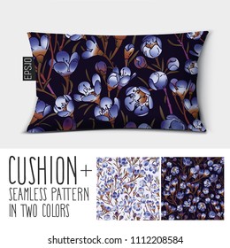 Design vector pillow (cushion).

Isolated pillow with seamless pattern Chamelaucium Uncinatum (waxflower) in two colors.